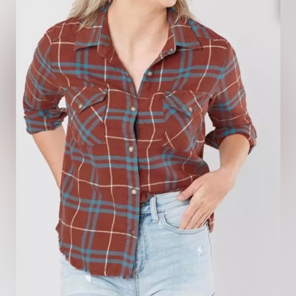 RVCA women’s in a haze rust long sleeve button down raw hem flannel shirt